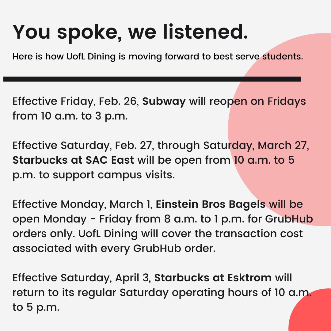 You spoke, we listened. 

We apologize for the challenges posed by recent changes in our Dining Services hours of operation, and we will be making the changes listed below to support our Cardinal community. (1/3)