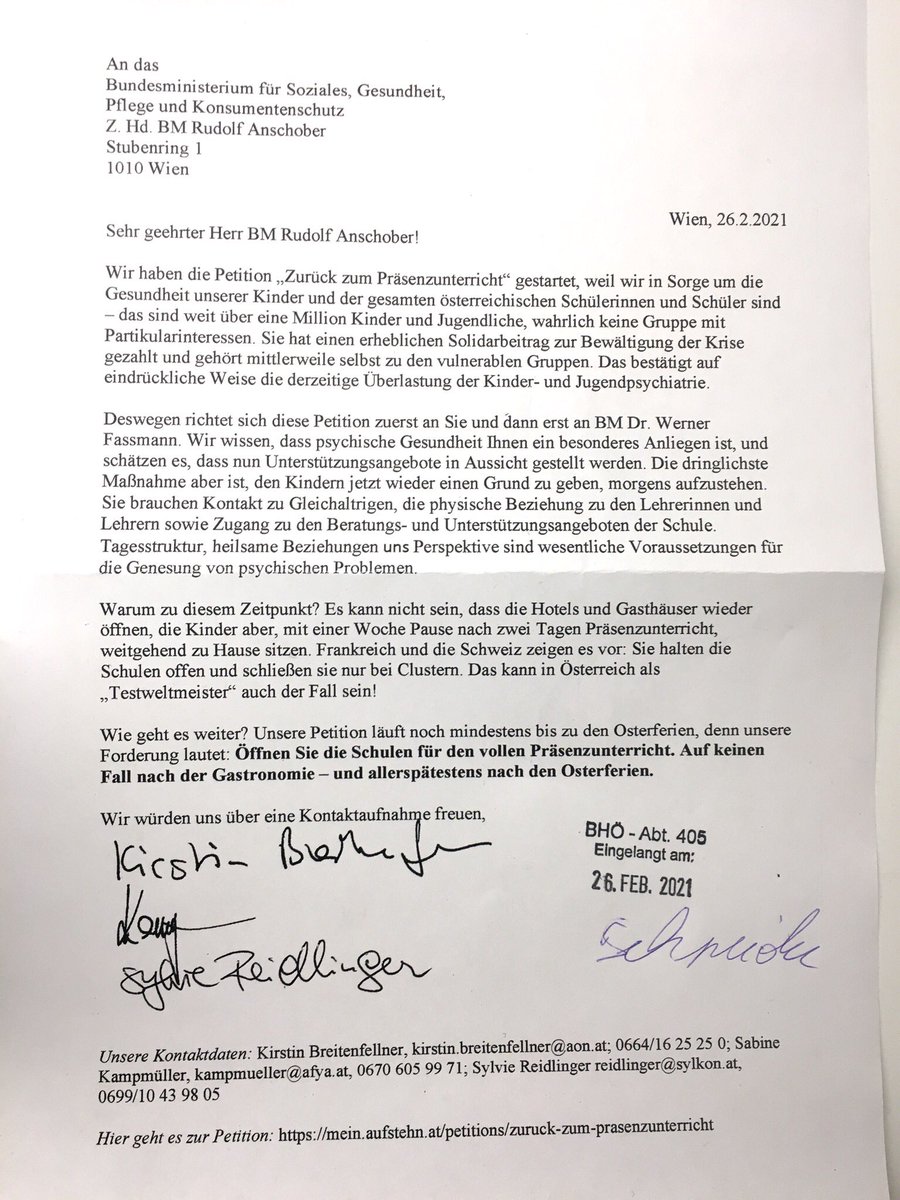 Heute haben wir die ersten 2500 beim Gesundheitsministerium abgegeben. Die Petition läuft noch bis zu den Osterferien! mein.aufstehn.at/petitions/zuru…