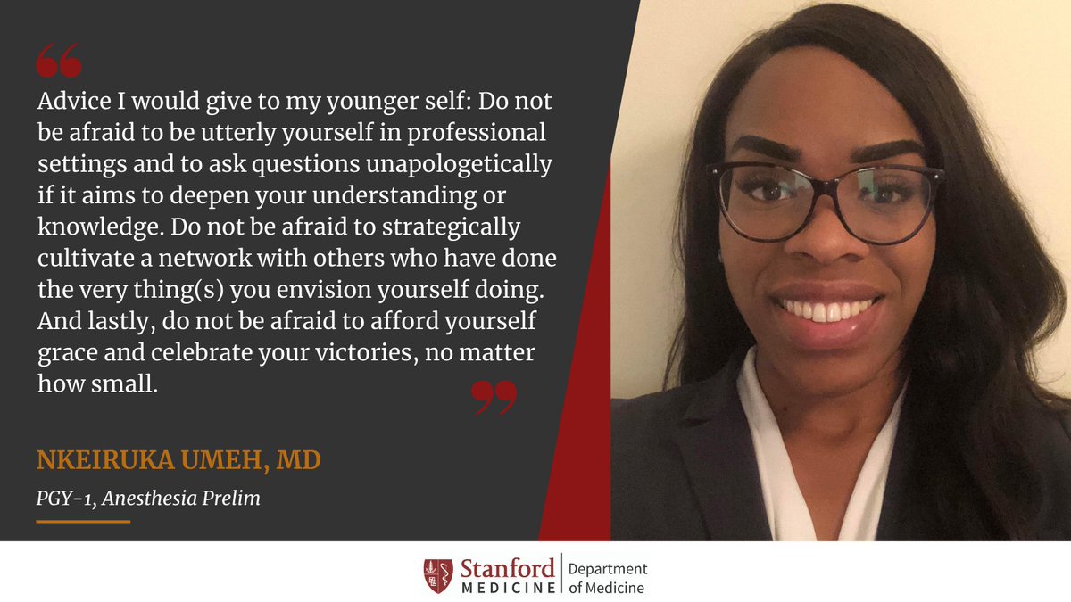 <a href="/StanfordMedRes/">StanfordMedRes</a> PGY-1 Anesthesia Prelim, Ruka Umeh, MD, shares advice to her younger self in our Medicine Resident Reflections Series.  In this series, residents will share on their unique life perspectives as trainees, and on their journey of becoming physicians.