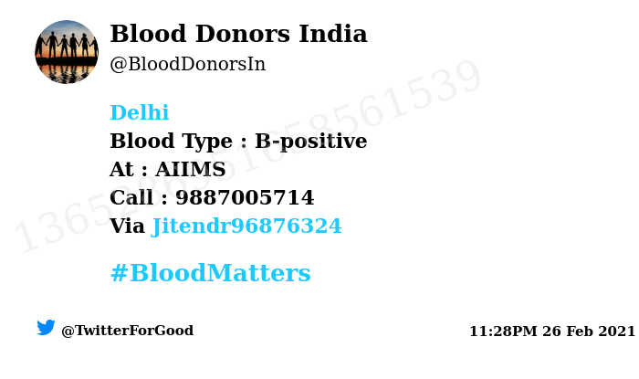 BloodDonorsIn's tweet photo. #Delhi
Need #Blood Type :  B-positive
At : AIIMS
Blood Component : Blood
Number of Units : 3
Primary Number : 9887005714
Secondary Number : 9588284194
Patient : Anshika Yadav
Illness : Aplastic Anemia 
Via: @Jitendr96876324
#BloodMatters
Powered by Twitter https://t.co/PXQa5K4h2J
