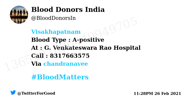 BloodDonorsIn's tweet photo. #Visakhapatnam
Need #Blood Type :  A-positive
At : G. Venkateswara Rao Hospital 
Blood Component : Blood
Number of Units : 10
Primary Number : 8317663575
Via: @chandranavee
#BloodMatters
Powered by Twitter https://t.co/Y7QDNn14vb
