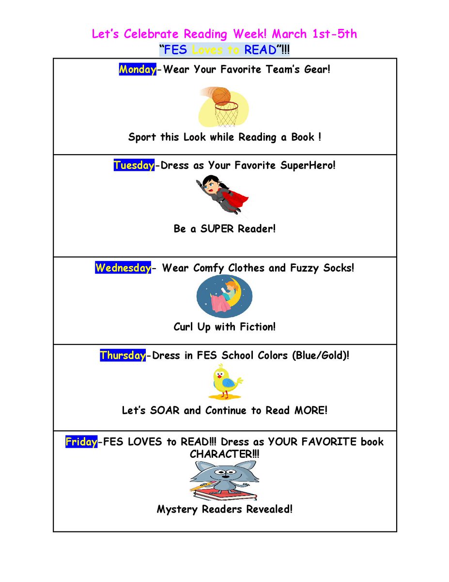 Falcons_FES's tweet photo. FES LOVES READING!!! Spirit Week will be March 1 - 5. Each day a different theme about Loving to Read! You can participate Virtually or if you are on campus...EVERYONE can participate in FES Spirit Week. https://t.co/kBhrOYtYV7