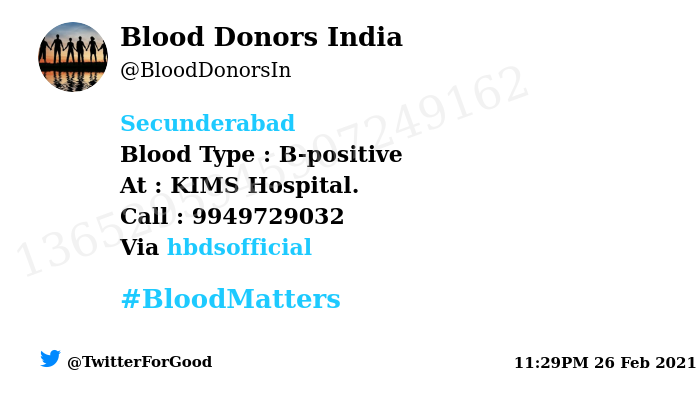 BloodDonorsIn's tweet photo. #Secunderabad
Need #Blood Type :  B-positive
At : KIMS Hospital. 
Blood Component : Need Plasma from B+ve #COVID19 recovered patient.
Number of Units : 2
Primary Number : 9949729032
Via: @hbdsofficial
#BloodMatters
Powered by Twitter https://t.co/BQCYvl9irC