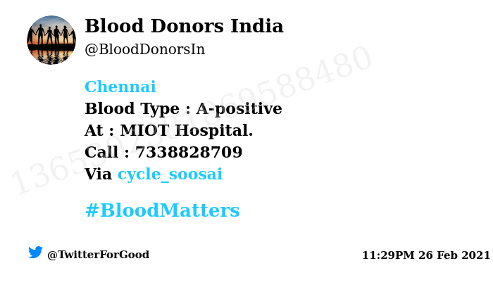 BloodDonorsIn's tweet photo. #Chennai
Need #Blood Type :  A-positive
At : MIOT Hospital. 
Blood Component : Blood
Number of Units : 2
Primary Number : 7338828709
Secondary Number : 044-42002288
Via: @cycle_soosai
#BloodMatters
Powered by Twitter https://t.co/XLoWiXGOPU