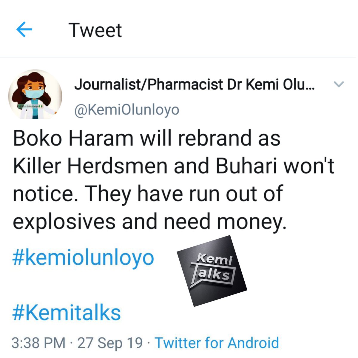 drkemiofnigeria's tweet photo. 6) #IPOBVictims By 2018 I tweeted that the criminals were basically #BokoHaram rebranding as kidnappers & bandits. Of course nobody takes me seriously and I continued to analyze the situation wondering why this group were NOT PROSCRIBED as Terrorists too? Nobody took it seriously https://t.co/3Met2XbiDr