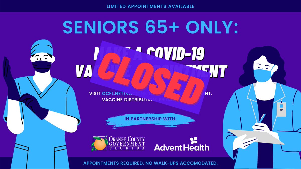 OrangeCoFL's tweet photo. 💉 The vaccination opportunity for residents 65+ through @AdventHealthCFL has reached appointment capacity for Friday, March 5. 

👋 Remember, the appointment portal for vaccinations at @OCCC will reopen Monday, March 1 at 9 a.m. for residents 65+. Visit: https://t.co/5hXVu8Gfjz https://t.co/ICag0z6jXf