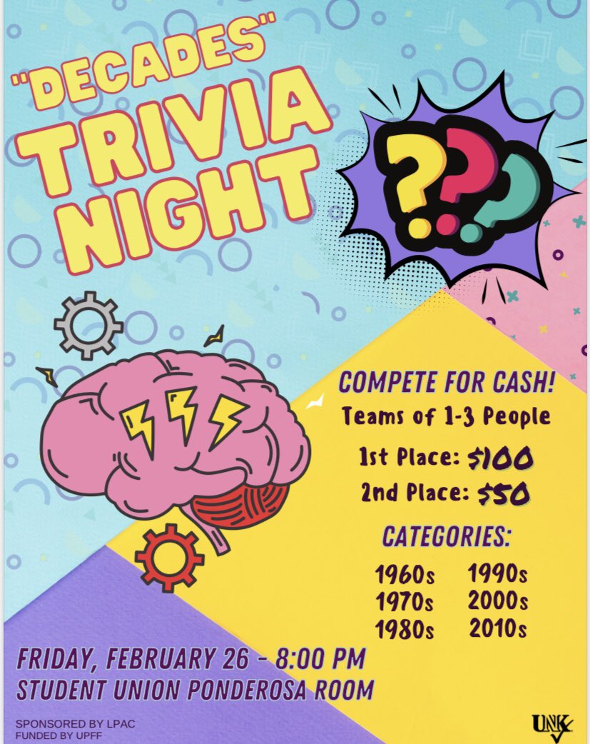 Happy Friday! Just a reminder that LPAC is hosting a “Through the Decades” trivia night tonight! Make a team and come join in on the fun!