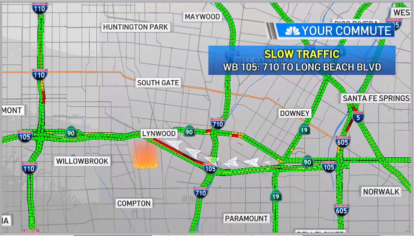 RobinWinstonTV's tweet photo. The structure fire in #Comton is impacting your commute. Expect delays on WB 105 from 710 to Long Beach Blvd. @NBCLA @BelenNBCLA @AdrianNBCLA @DaniellaNBCLA @latrafficgal https://t.co/xgvnR8ROLg