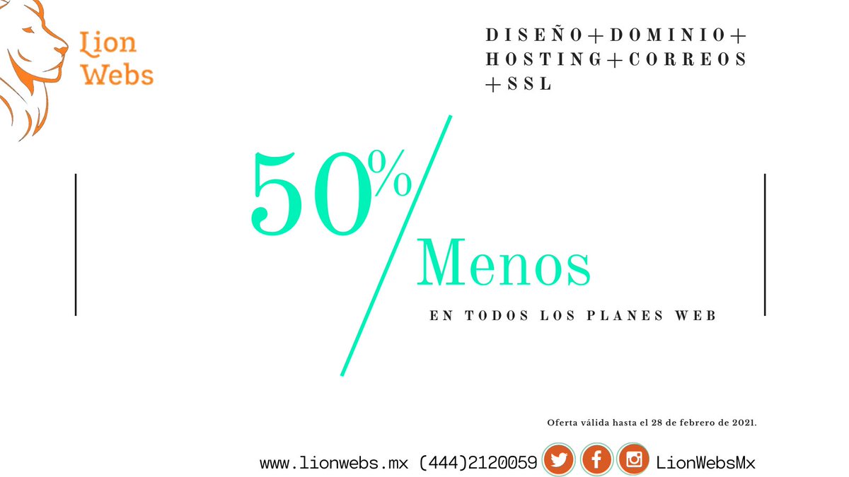 lionwebsmx's tweet photo. Aprovecha esta promoción y haz crecer tu negocio online, ¡esta es tu oportunidad! Elige a #LionWebsMx y da el siguiente paso. #FelizViernesATodos #desarrolloweb #tiendaonline #eStore #emprender #siguemeytesigo #BuenViernes #SLP
50% en todos los planes web Llámanos (444)2120059 https://t.co/KeRdC14dZB