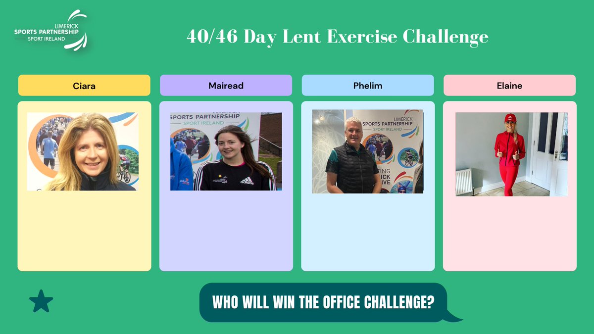 Limericksports's tweet photo. We are running a "friendly" Staff Competition for the 40/46 Day Lent Challenge. We need YOU to cast your vote on which staff member you think will win the challenge⁉️

Click the Link Below and vote now!👇
https://t.co/L9UhNOK6sb

Our bet is on Ciara O'Brien!😉

 #LSPLentChallenge https://t.co/dKqQQcxxjA