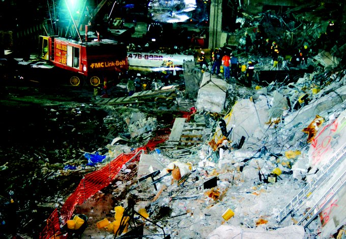 Investigators going through the rubble following the bombing of the World Trade Center on February 26, 1993.