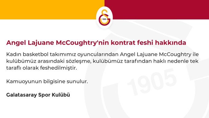 Futbolmedya's tweet photo. Galatasaray, kadın basketbol takımında forma giyen Angel McCoughtry'nin sözleşmesinin tek taraflı feshedildiğini açıkladı.
#galatasaray #mccoughtry https://t.co/CALAydvQvf