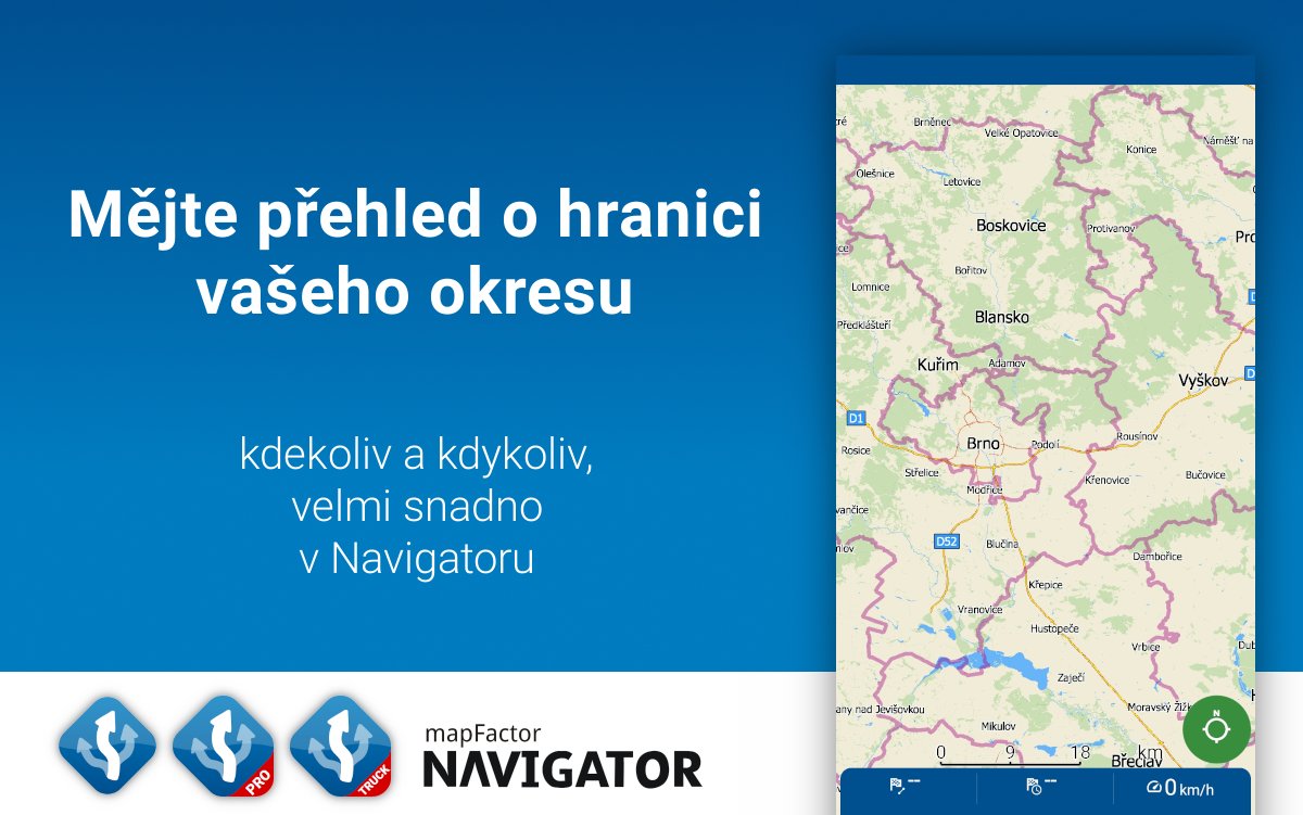 mapfactor's tweet image. Mapa hranic okresů ČR snadno a rychle v Mapfactor Navigatoru. Informace, ve kterém okrese se místo na mapě nachází a možnost zvýraznění linie okresu...
Více detailů viz mapfactor.com/cs/o-nas/tisko…

#mapaokresu #okresycr #mapfactor #navigator #navigace #gpsnavigace #omezenipohybu