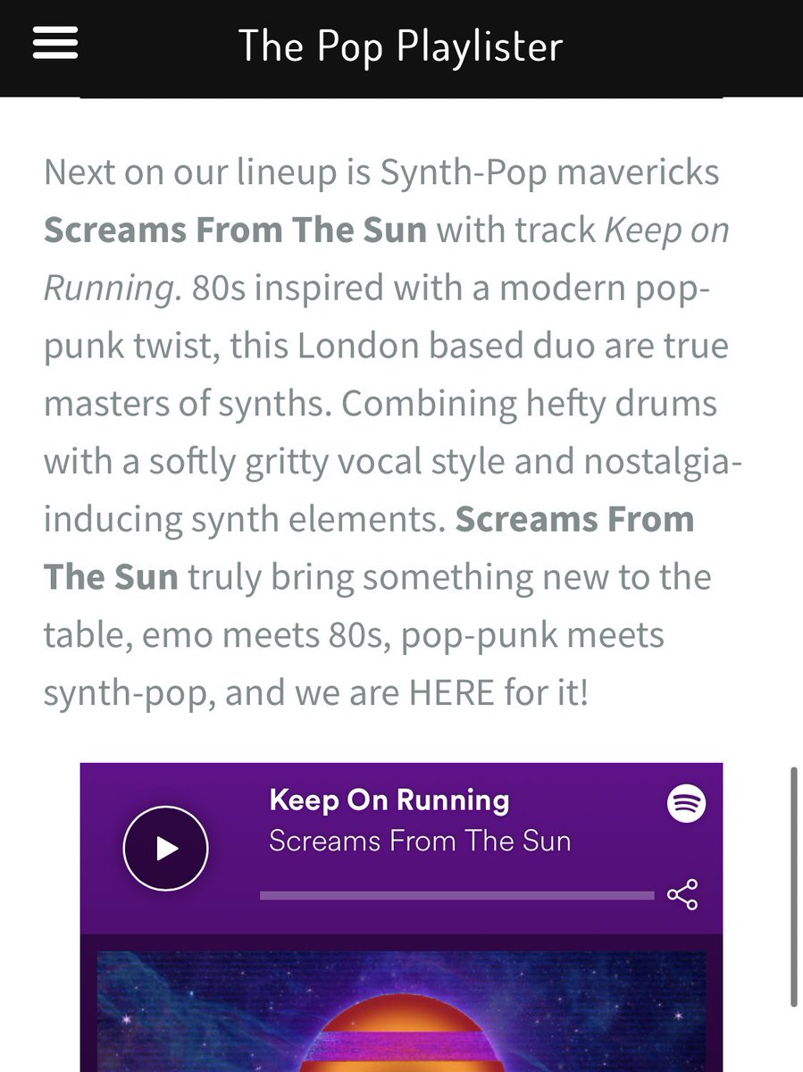 SCREAMSftSUN's tweet photo. Super grateful for this @PlaylisterPop !! Seeing blogs and people appreciating our music is the best feeling ever. #grateful #IndependentArtist https://t.co/jxpaKfHxdY