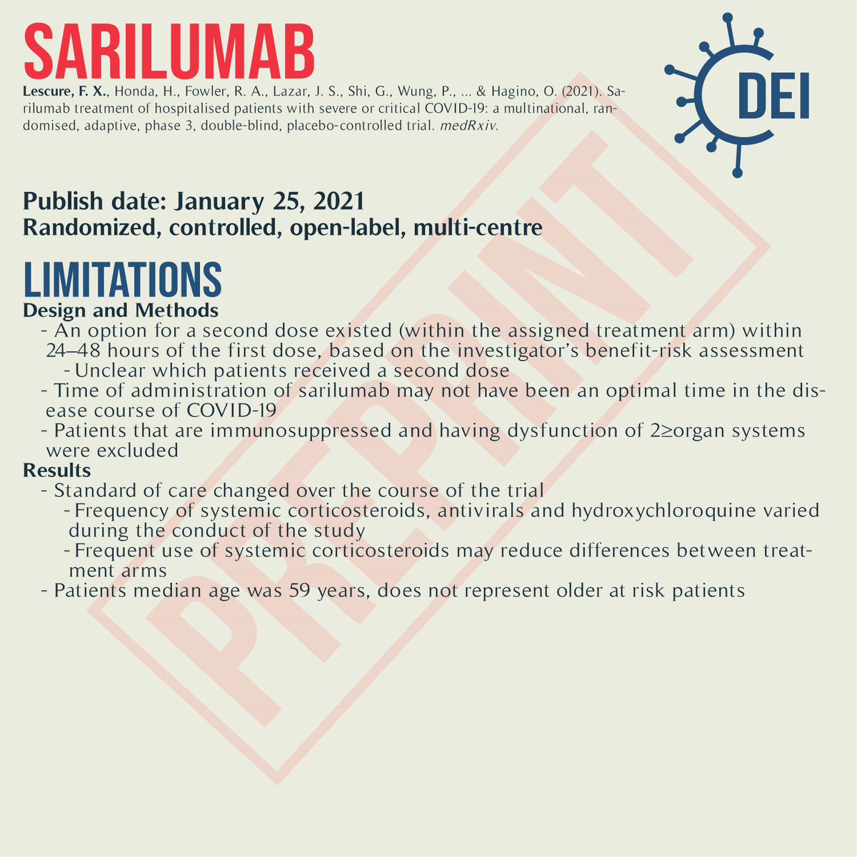 Covid19_DEI's tweet image. Our PICO, appraisal, and limitations for this trial looking at #sarilumab vs. placebo for #COVID19 treatment.

#RCT #MedTwitter #TwitteRx #clinicatrial #NurseTwitter #IDtwitter #pharmacyschool #pharmacystudent #medschool #evidencebasedmedicine #CovidRx
