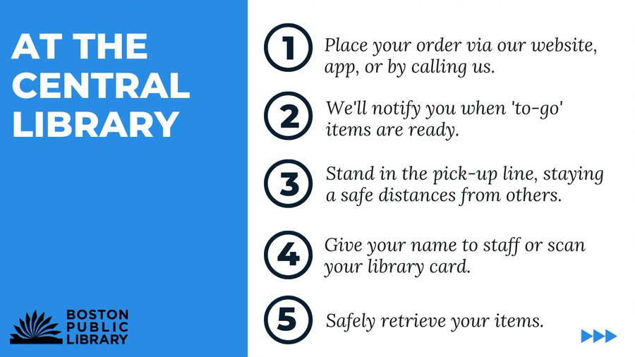 BostonNeighbor's tweet photo. Pick up books, DVDs, and CDs from the 
@BPLBoston using BPL To Go! Place orders online or by phone. Then pick up your items and return them safely while social distancing. Learn more about #BPLToGo and get their Mobile App here https://t.co/r3T4Pl5VWA. https://t.co/gXsffyDWvr