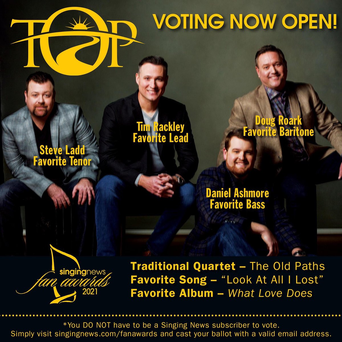 BlessedChicky's tweet photo. Have you voted yet? We’d love for you to vote for The Old Paths in these categories! @Oldpathsmusic  @GeneEzell @SteveLaddMusic https://t.co/Jg6PtObJxn
#lookatallilost
#songoftheyear
#singingnews
#fanawards
#oldpaths https://t.co/HcCEIPOFBa