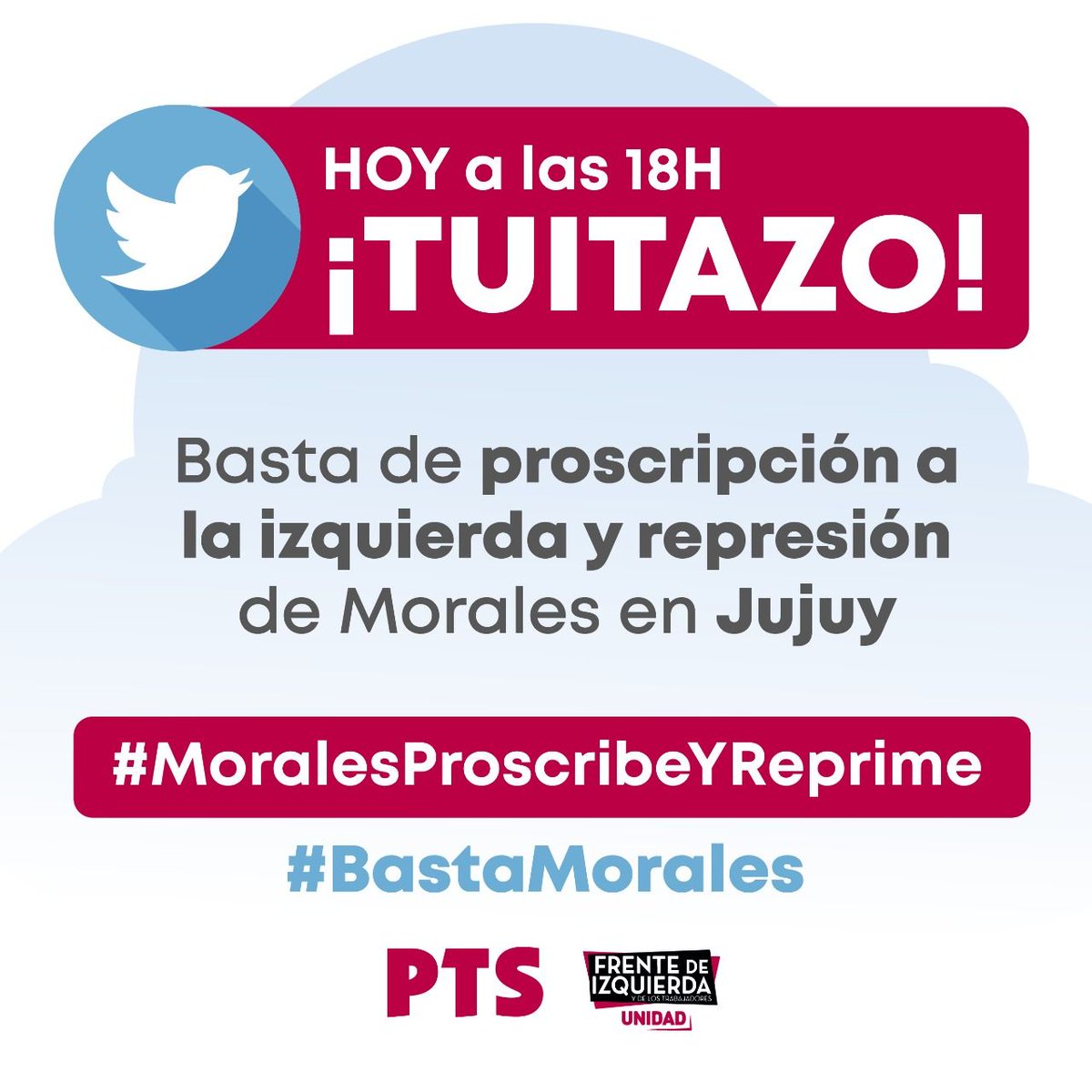 Hoy a las 18 tuitazo en repudio a la represión en Jujuy y por la asunción de <a href="/RemyGaston1/">Gastón Remy</a>. 
Participá con #MoralesProscribeYReprime. 
bit.ly/3bLGNND

#BastaMorales
