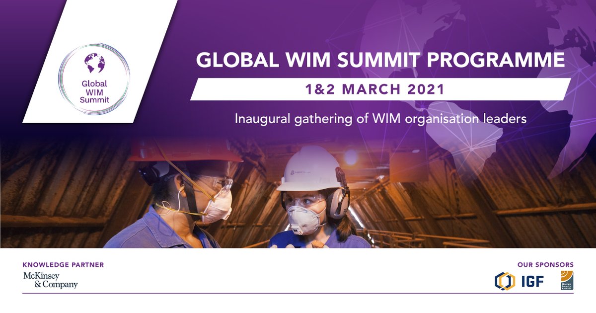 IntWIM's tweet photo. If you are a leader of a WIM organisation, join us for the inaugural Global WIM Summit on 1&2 March 2021 as we unite and amplify the voices of women in the mining industry. Email info@internationalwim.org for your invitation, then join the global conversation.
#GlobalWIMSummit https://t.co/SP2F7In2tT