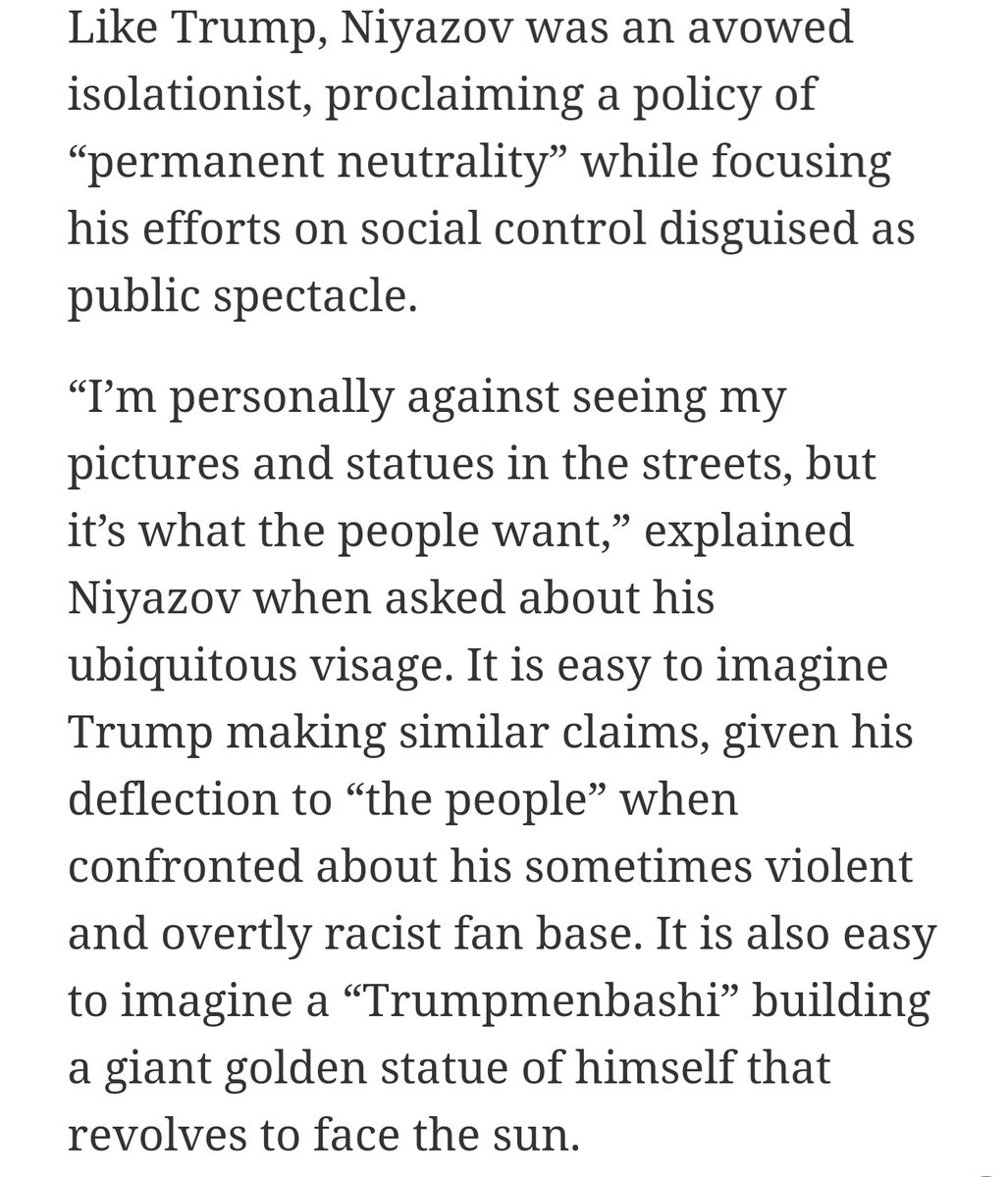 sarahkendzior's tweet photo. From my March 2016 article warning of Trump's intent to create a authoritarian personality cult in the style of Central Asian dictators, complete with a golden statue: https://t.co/OylAdcJdMw https://t.co/LMlY2S9hJq