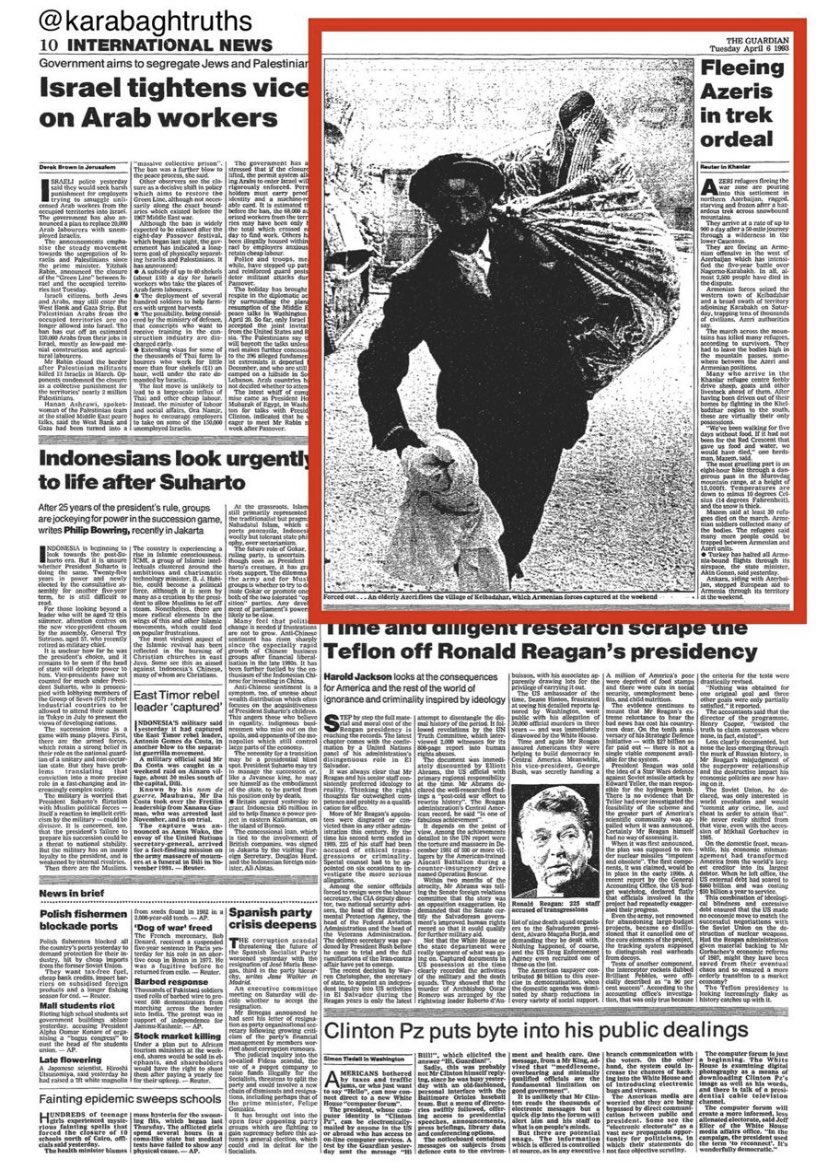 NicatTahirli1's tweet photo. The Guardian, 1993 - "Fleeing Azeris in trek ordeal - ragged, starving and frozen after a hazardous trek across snowbound mountains...they arrive at a rate of 900 a day after a 50 mile journey, fleeing an Armenian offensive in the west of Azerbaijan."
#JusticeForKhojaly https://t.co/NZUSNdoqh2