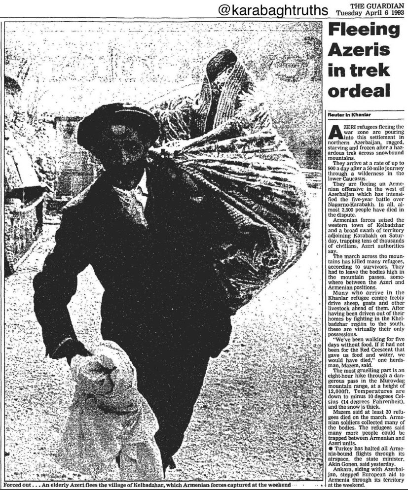 NicatTahirli1's tweet photo. The Guardian, 1993 - "Fleeing Azeris in trek ordeal - ragged, starving and frozen after a hazardous trek across snowbound mountains...they arrive at a rate of 900 a day after a 50 mile journey, fleeing an Armenian offensive in the west of Azerbaijan."
#JusticeForKhojaly https://t.co/NZUSNdoqh2