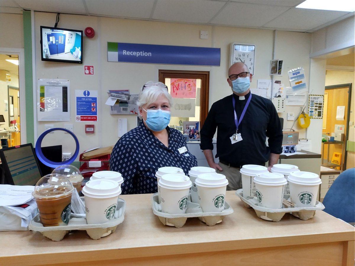 RCHTCharity's tweet photo. @ChaplaincyRcht delivers! Earlier this week, staff on Wheal Prosper had experienced a demanding morning. Keiren from @ChaplaincyRcht made good use of some @RCHTCharity #KindCoffee vouchers to make a special delivery being received here by the Ward Clerk Ruth. #ThankYou https://t.co/vYPEQsb6a1