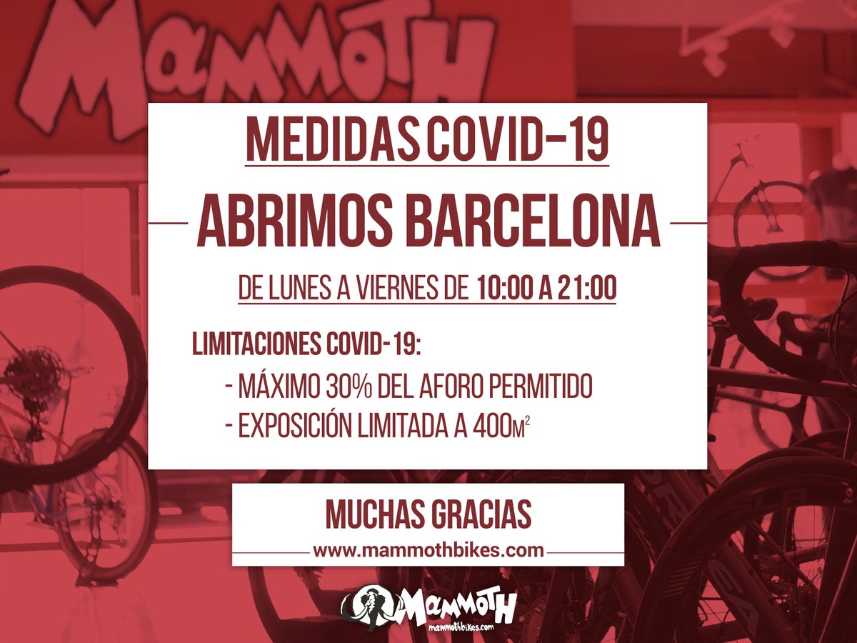 mammoth_bikes's tweet image. 🚨REABRIMOS BARCELONA🚨

A partir del 1 de Marzo de 2021 nuestra tienda de Mammoth #Barcelona abre de nuevo sus puertas para poder prestar el mejor servicio.
Os esperamos de Lunes a Viernes de 10:00 a 21:00 en Carrer Roger de Llúria 115. 
Muchas gracias. mammothbikes.com