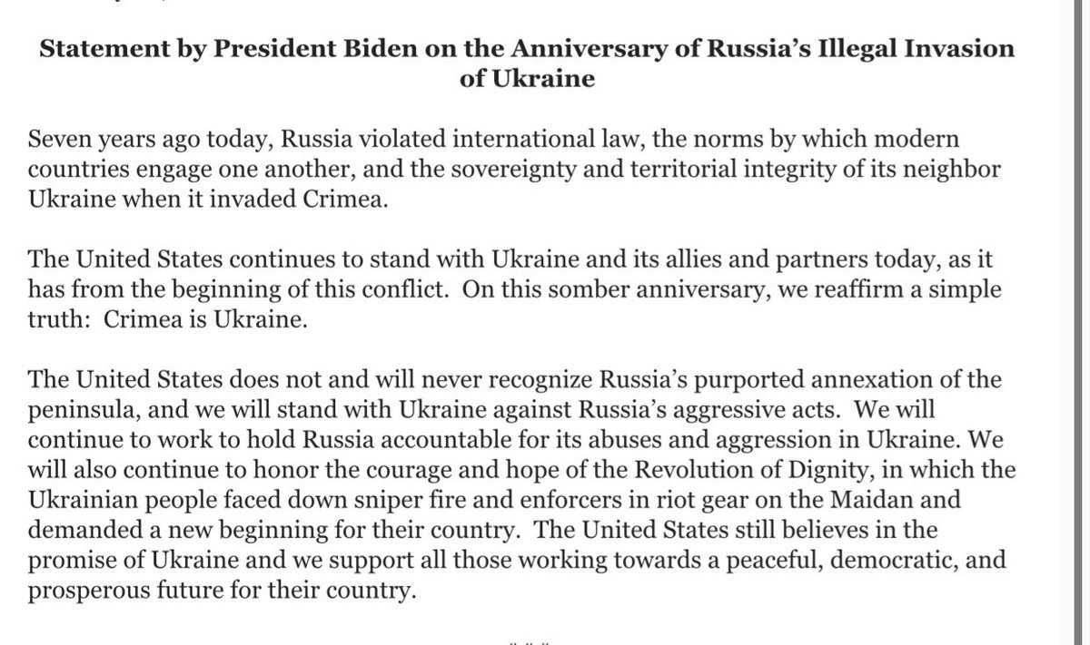  Joe Biden realizó una declaración con motivo del séptimo aniversario de la "invasión rusa de Ucrania" y señaló: "EEUU no reconoce ni reconocerá nunca la supuesta anexión de la península por parte de Rusia, y apoyaremos a Ucrania contra los actos agresivos de Rusia".