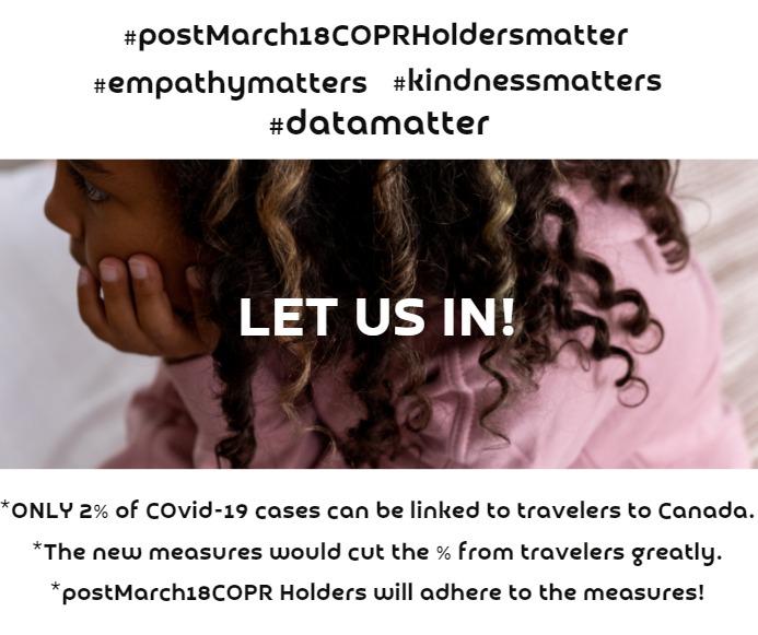 COPRPOSTMARCH18's tweet image. COPRs issued post March 18th 2020 will in no small measure help Canada in achieving her 401,000 new immigrants targeted for 2021 if allowed to land now.
#letuslandimmediately
#wewillquarantineinhotels
#Free_COPR_Post_March18
@JustinTrudeau
@marcomendicino
@CBCCanada
@nkeung