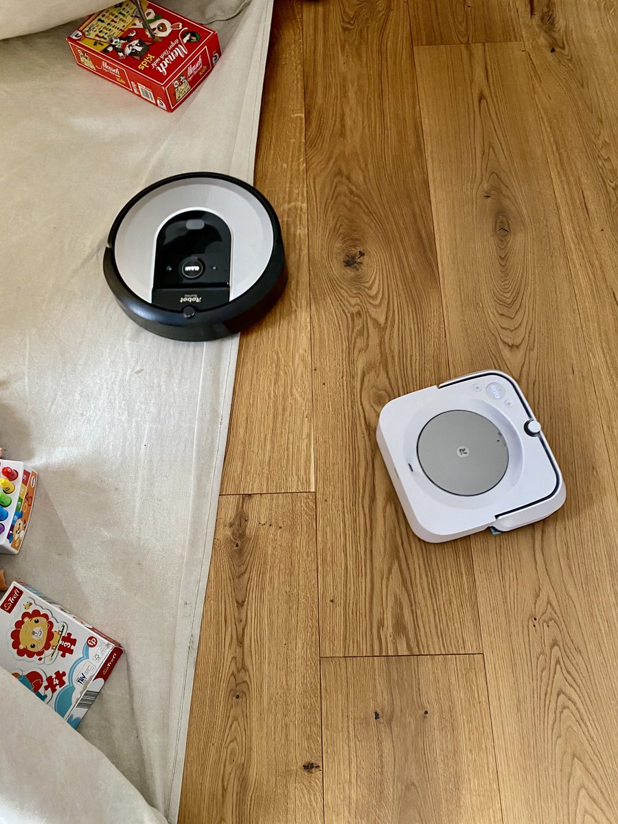 robshahverdyan's tweet photo. When your 2 y/o kid‘s only purpose (after waking up or before going to bed) is to persistently turn on all your #iRobots, and they hunt each other all the time you’re home 🤦🏻♂️😬 https://t.co/eECXflG34J