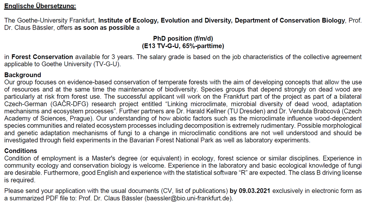 AguilarT_CA's tweet image. For anyone interested: PhD postion focused on wood associated microbial diversity in the lab of Prof. Claus Bässler at @goetheuni
