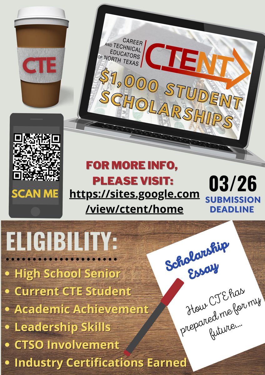 Are you a CTE senior that is seeking avenues to pay for college? Check out this scholarship opportunity from Career and Technical Educators. 💵 <a href="/CTENT_CTE/">CTENT.cte</a> #gcisdcte #wearegcisd