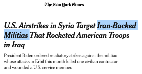 dancohen3000's tweet photo. NYT headline affirms Pentagon claim that the group the US bombed in Syria is backed by Iran, then admits it  doesn't actually know if the group has any link to Iran. 

The spirit of Judith Miller lives on at the Paper of Record.
https://t.co/BIthsi6fWH

HT @MarkAmesExiled https://t.co/cHjmN4lPkC