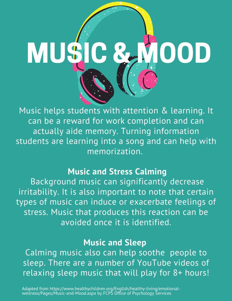 #tipfortoday for #FeelGoodFriday! Music has been linked to an increase in attention and memory, decreased stress, and increased sleep. Just be mindful of the types of music you choose when you are using it to calm you down. More relaxing tones are best! #Mindfulness <a href="/fcpsnews/">Fairfax Schools 🌟</a>