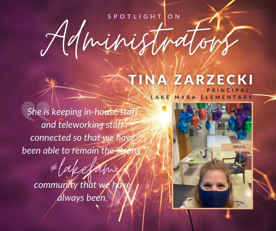 <a href="/lakemyra/">Lake Myra Elementary</a> Principal Tina Zarzecki is receiving shine because of her transparency &amp; communication w/ staff &amp; families. She listens w/heart and mind &amp; has kept in-person/teleworking staff connected so that they stay a strong #LakeFam! <a href="/WCPSSTeam/">Team WCPSS</a> <a href="/wcpssEastern/">Eastern Area WCPSS</a> #WeHeartPublicSchools