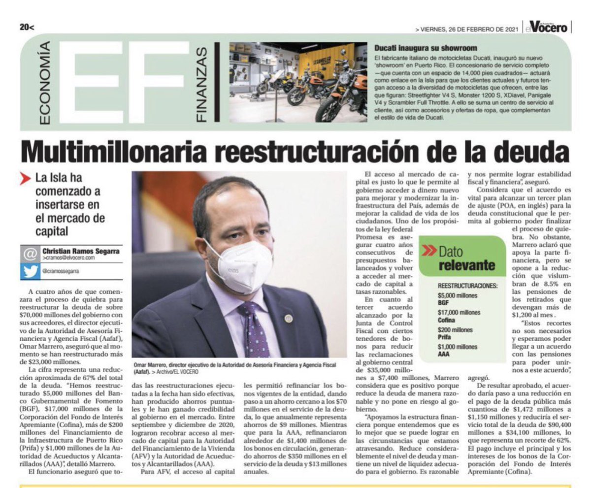 prdiraafaf's tweet photo. PR ha logrado enormes avances financieros. Nuestra administración ha restablecido la confianza de nuestra isla, hemos dado pasos importantes para regresar a los mercados capital y hemos generado ahorros puntuales a través de la reestructuración de la deuda. https://t.co/m0UFwu2q35