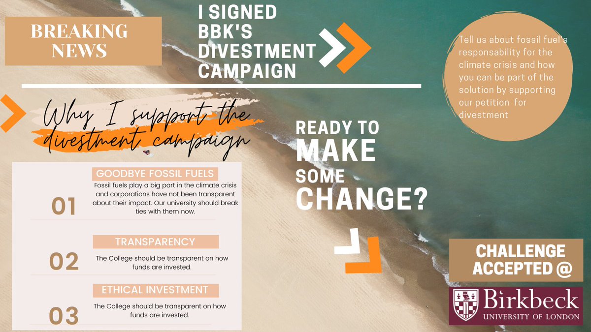 I have signed the petition, and YOU can too help by doing the same! <a href="/BirkbeckUoL/">Birkbeck, University of London</a> we want to see the change that impacts our future but yet our university finances the #FossilFuels industry - I want my university to act on the #ClimateCrisis

<a href="/DivestBirkbeck/">Birkbeck Climate Action Network</a> now!
<a href="/peopleandplanet/">People & Planet</a>