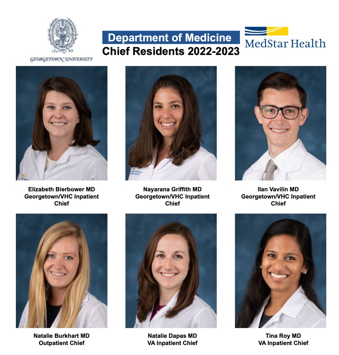 gtown_medres's tweet photo. So proud and excited to announce our Chief Residents for 2022-2023! What an amazing group of doctors, educators, and people!
@drilanvavilin
#IMproud #WhyGeorgetownIM #medtwitter https://t.co/L2rsl1Swwv
