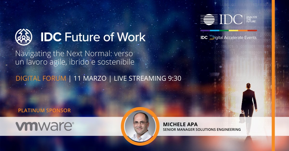 Diamo il benvenuto a @MickApMick e a <a href="/VMware_IT/">VMware_IT</a> in qualità di 𝗣𝗹𝗮𝘁𝗶𝗻𝘂𝗺 𝗦𝗽𝗼𝗻𝘀𝗼𝗿 dell'𝗜𝗗𝗖 𝗙𝘂𝘁𝘂𝗿𝗲 𝗼𝗳 𝗪𝗼𝗿𝗸 𝗗𝗶𝗴𝗶𝘁𝗮𝗹 𝗙𝗼𝗿𝘂𝗺 𝟮𝟬𝟮𝟭.

Live streaming 11 marzo ➡ tiny.one/3aouxlle

#IDCFoW21 #FutureOfWork #VMware