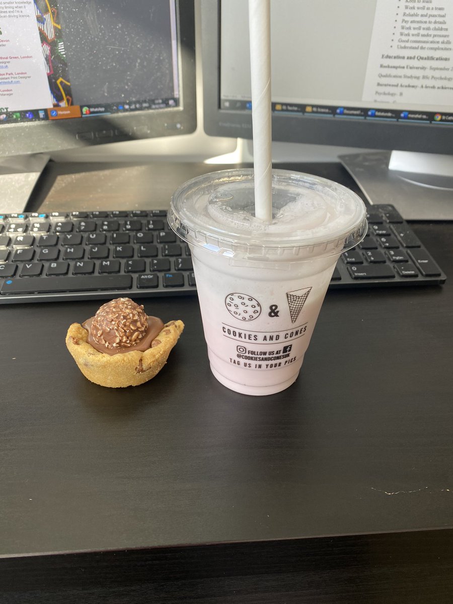 Friday after treat from the family after their afternoon stroll. Forrero Rochet Cookie Cup and a Strawberry gelato milkshake.