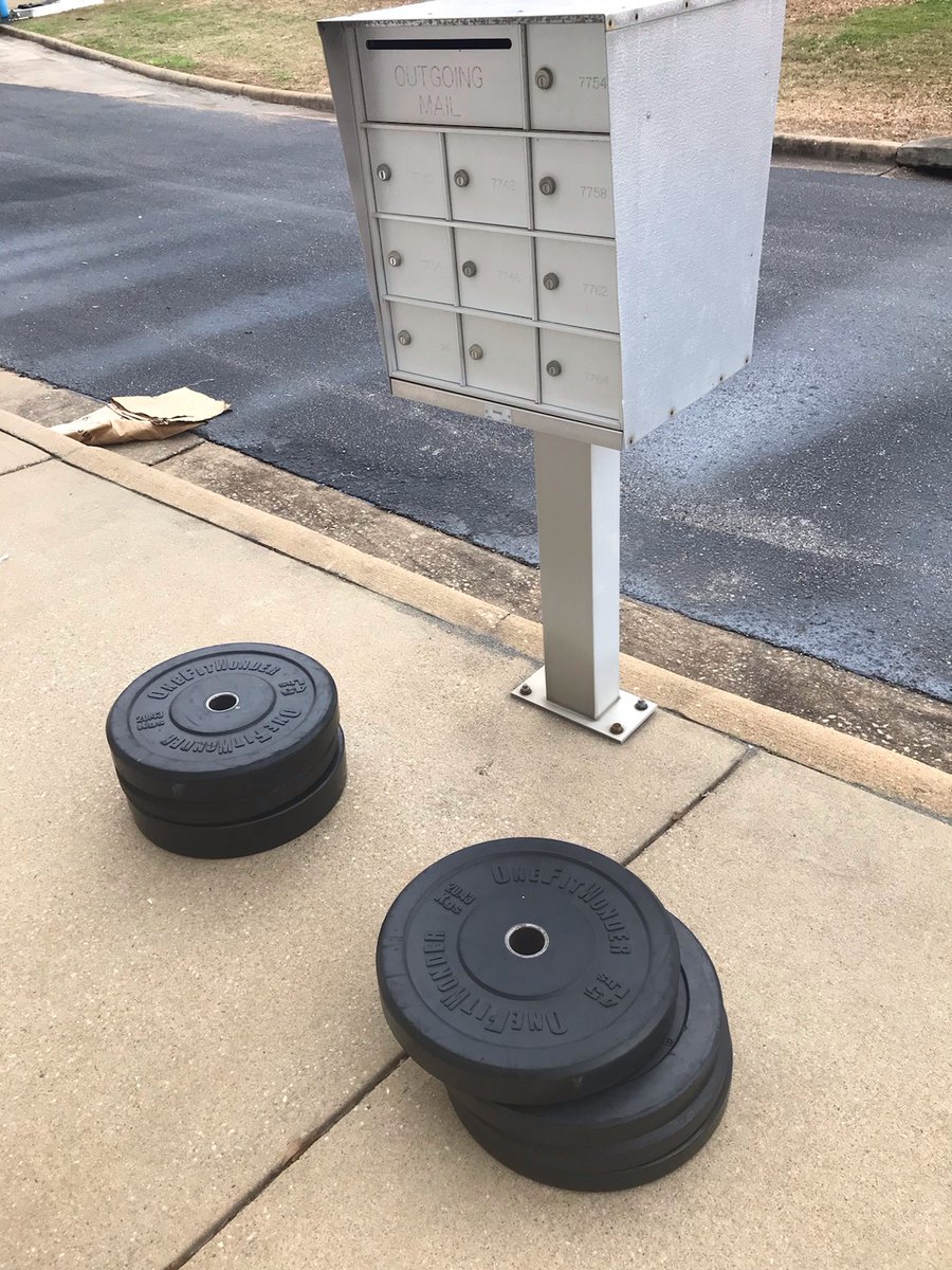 witnips's tweet image. The gym decided to air out their weights in front of the mailbox.🏋️‍♀️