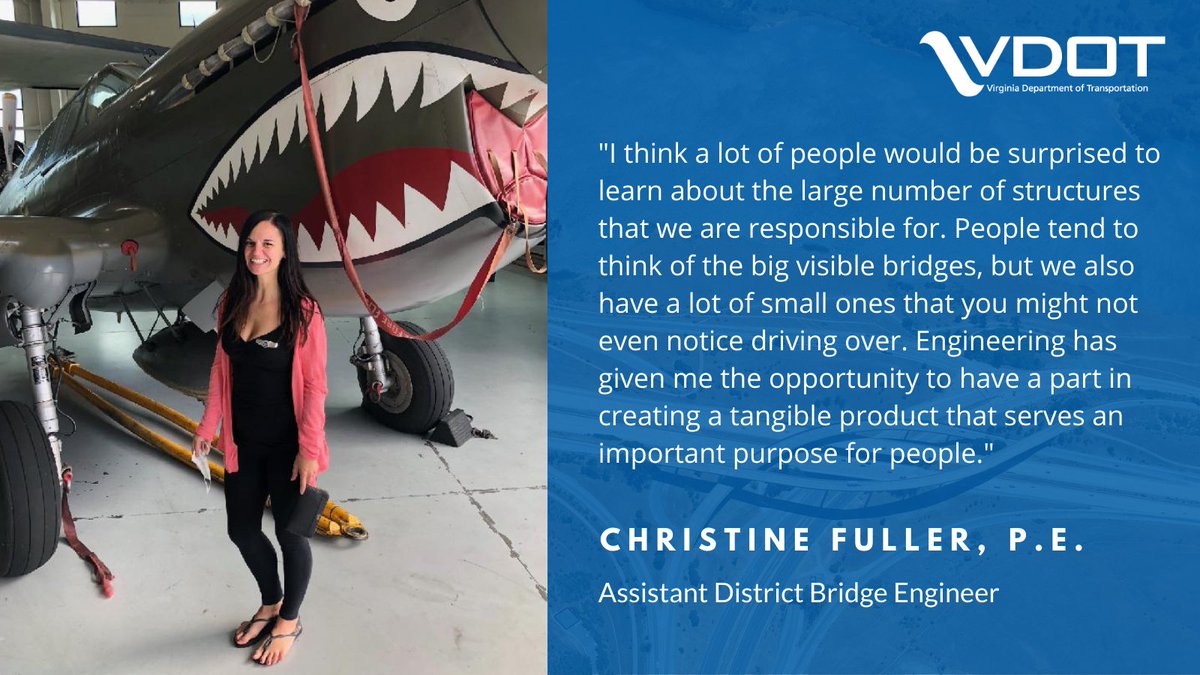 VaDOTHR's tweet image. Meet @VaDOT engineer Christine Fuller! She&apos;s a Norfolk native &amp;amp; part of the team responsible for all our bridges. When she&apos;s not keeping the region connected, Christine enjoys working out &amp;amp; trying new restaurants. Thanks for your all your hard work, Christine! #engineersweek2021