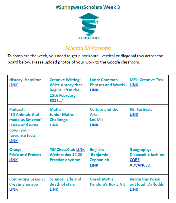 TeachTibbs's tweet photo. @SpringwestA @SWAspire Well done to everyone who has taken part in #SpringwestScholars this week! We've loved your Latin translations, recreative writing of Greek Myths, reflections on playing Chess with @SA_ChessClub & your poetry recitals! Look out for Week 4 from Monday! https://t.co/vTDM3J04on