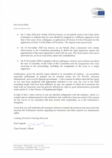 La consellera <a href="/ClaraPonsati/">Clara Ponsatí</a> s’ha queixat al president Sassoli <a href="/EP_President/">Roberta Metsola</a>  sobre la menció a la malversació de fons en l’informe sobre la seva immunitat. És evident que el seu cas no ha estat estudiat adequadament.