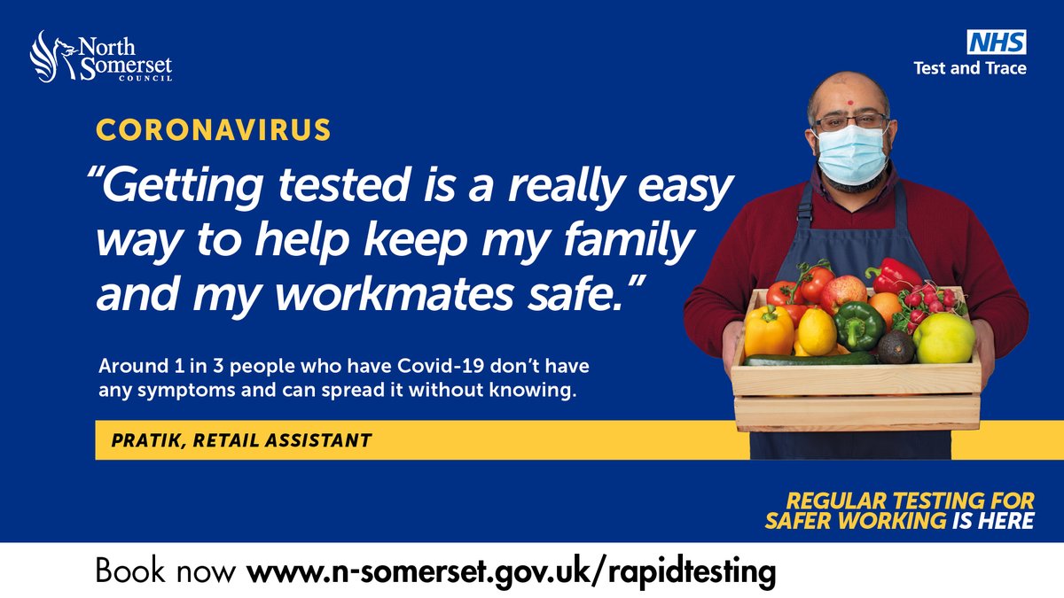Are you a critical worker or volunteer who can’t work from home? 

Rapid testing is open in Nailsea, Portishead and Weston. It’s there for you to use. Tests available 9am - 5pm every day and until 7.30pm Tuesdays + Thursdays

More info &amp; book your test ➡ n-somerset.gov.uk/rapidtesting