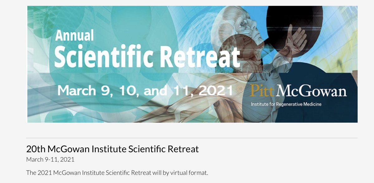 DuncanWAndrew's tweet image. The Univ Pittsburgh McGowan Inst for Regen Med Scientific Retreat is Mar 9-11. Free to everyone, the virtual program highlights regen med themes each day, including Life Science Research in Low Earth Orbit and Pediatric Medical Devices. Register today! 

mirm-pitt.net/professional-d…