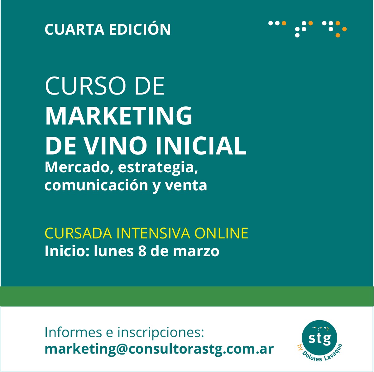 ¡Quedan pocas vacantes!
💡Para recibir toda la información del curso de Marketing de Vino escribinos a marketing@consultorastg.com.ar

👉 Descuentos especiales para socios de <a href="/winesofarg/">Wines of Argentina</a>, <a href="/BodegasAR/">Bodegas de Argentina</a> y <a href="/AASommeliers/">Asoc. Arg. de Sommeliers</a>