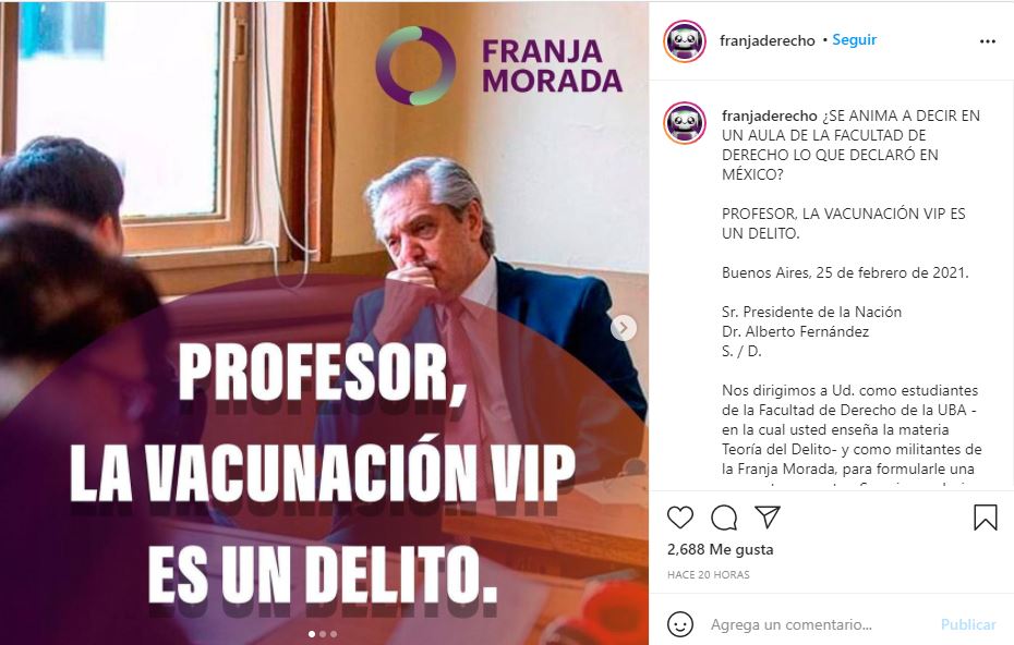 "Profesor, la vacunación VIP es un delito": duro mensaje de la agrupación Franja Morada de la UBA Derecho para Alberto.