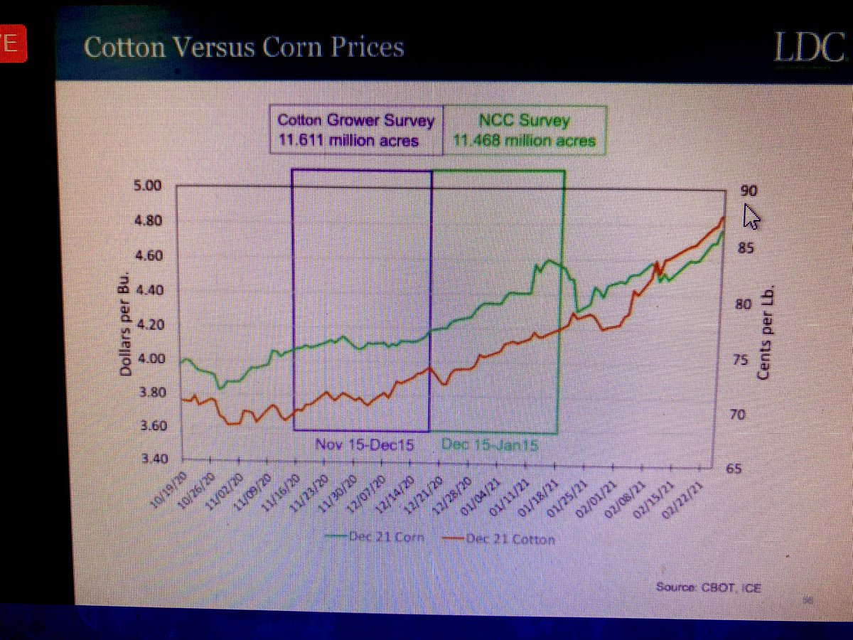 Beck_CGMag's tweet photo. Nicosia:

Cotton prices have caught up to competitive crops (soybeans and corn) since Cotton Grower and NCC acreage surveys were conducted. He expects more US cotton acreage than we projected. https://t.co/OPOLcmwTRJ